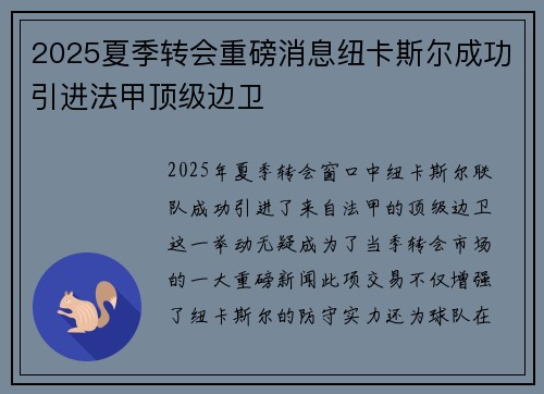 2025夏季转会重磅消息纽卡斯尔成功引进法甲顶级边卫